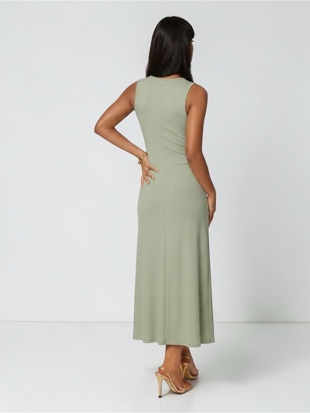 NWT Bebe Ribbed A-Line Maxi Tank Dress Light Olive Green M - Picture 3 of 14